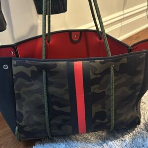 Haute Shore Green Camo Tote Bag with Red Stripe